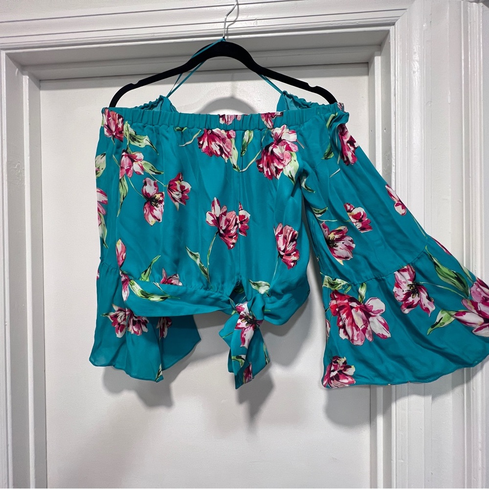 Parker Teal and Pink Floral Off-Shoulder Blouse